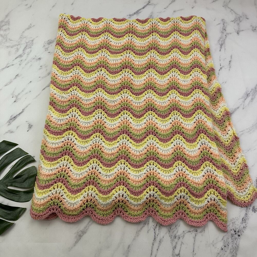 Vintage 80s Handmade Crochet Throw Blanket Pink Yellow Scallop Stripe Cottage